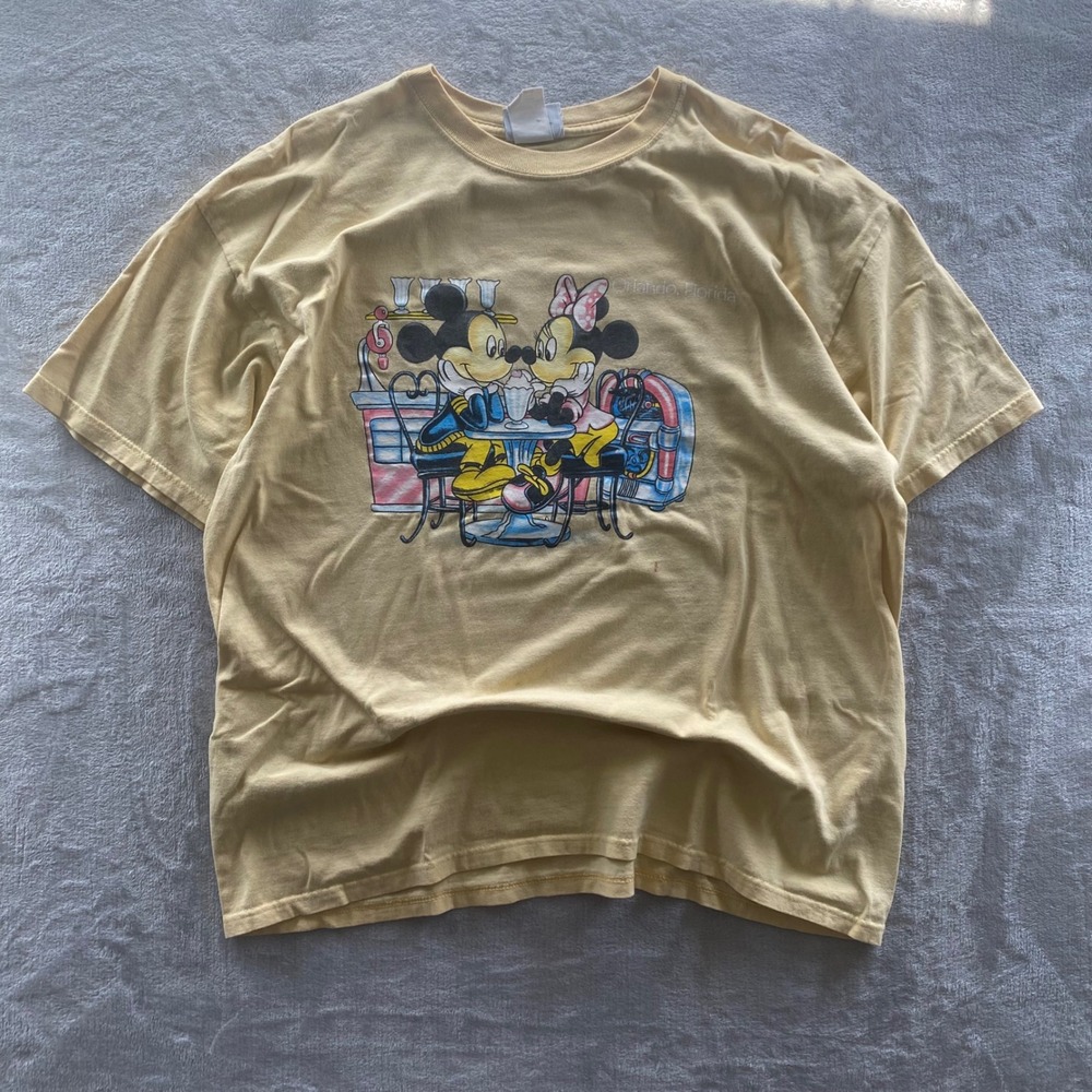 Vintage Disney Mickey Minnie Soda Shoppe T-Shirt Yellow XL Sherry Resortwear